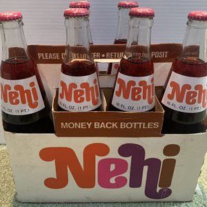 6 Old 1970’s Cherry Nehi Soda Full Bottles + Holder 16 Ounce Glass Pop 12 Pounds